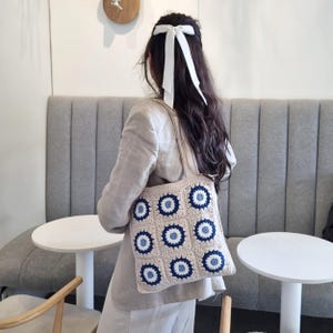 Unique Tote Bag,Crochet Boho Style Bag,Evil Eye Bag,Bohemian Shoulder bag,Crochet Tote Bag,Summer Bag,Hippie Tote,Blue Crochet Bag,Retro bag