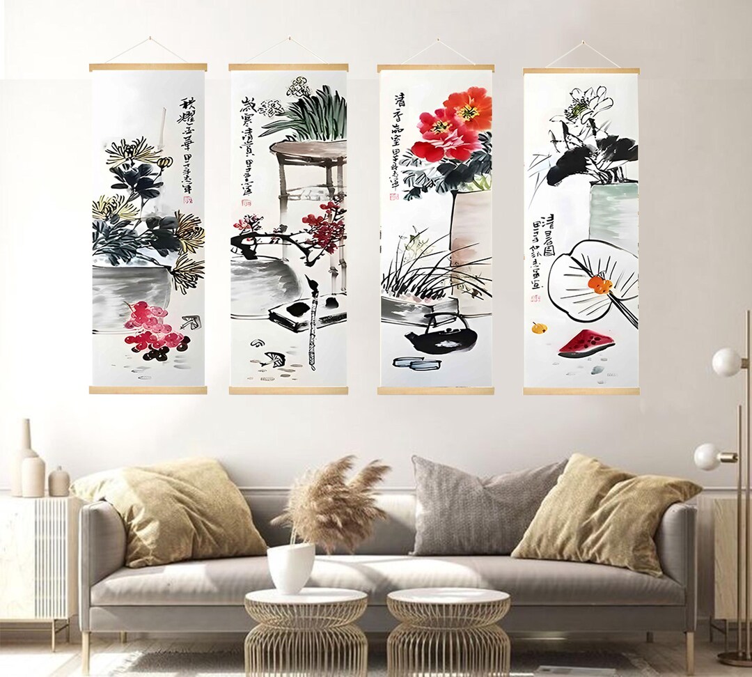 Traditional Japanese Scroll Painting, Plum, Orchid, Bamboo and ...
