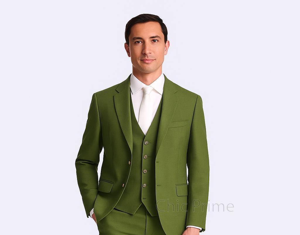 メンズ オリーブ グリーン スリーピース スーツ - あらゆる機会に適し