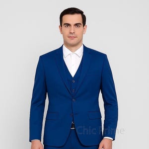 Men&#39;s Royal Blue Three Piece Suit – Tailored Formal Suit for Wedding, Business, Prom, Party, Office Wear, Slim Fit Men&#39;s Fashion Suit.