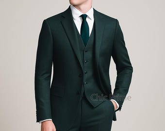 男性用フォレストグリーン 3 ピース スーツ、男性用新郎用スーツ