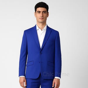 メンズ ロイヤルブルー ツーピース スーツ – 結婚式、ビジネス、プロム、パーティー、オフィスウェアに最適なテーラード フォーマル スーツ、スリムフィット メンズ ファッション スーツ。