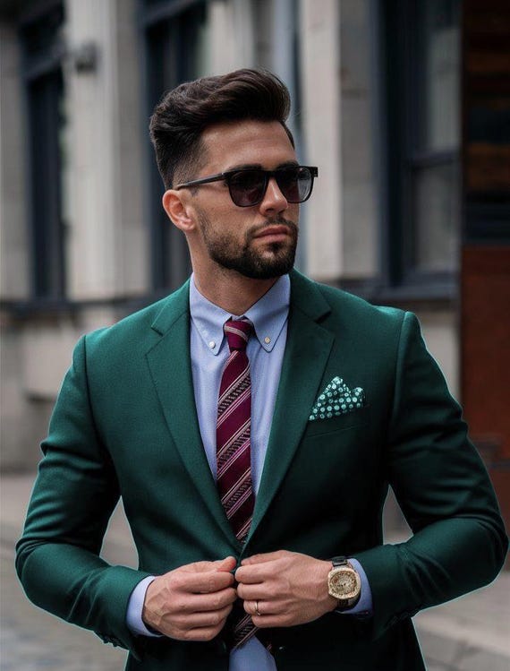 Green Satin Lapel Suit, Men's Wedding, Custom Formal Wear