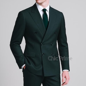 Men&#39;s Bottle Green Double Breasted Suit - Handmade & Perfect for All Formal Occasions, Prom Night Suit, Formal Attire, Custom Business Suit.