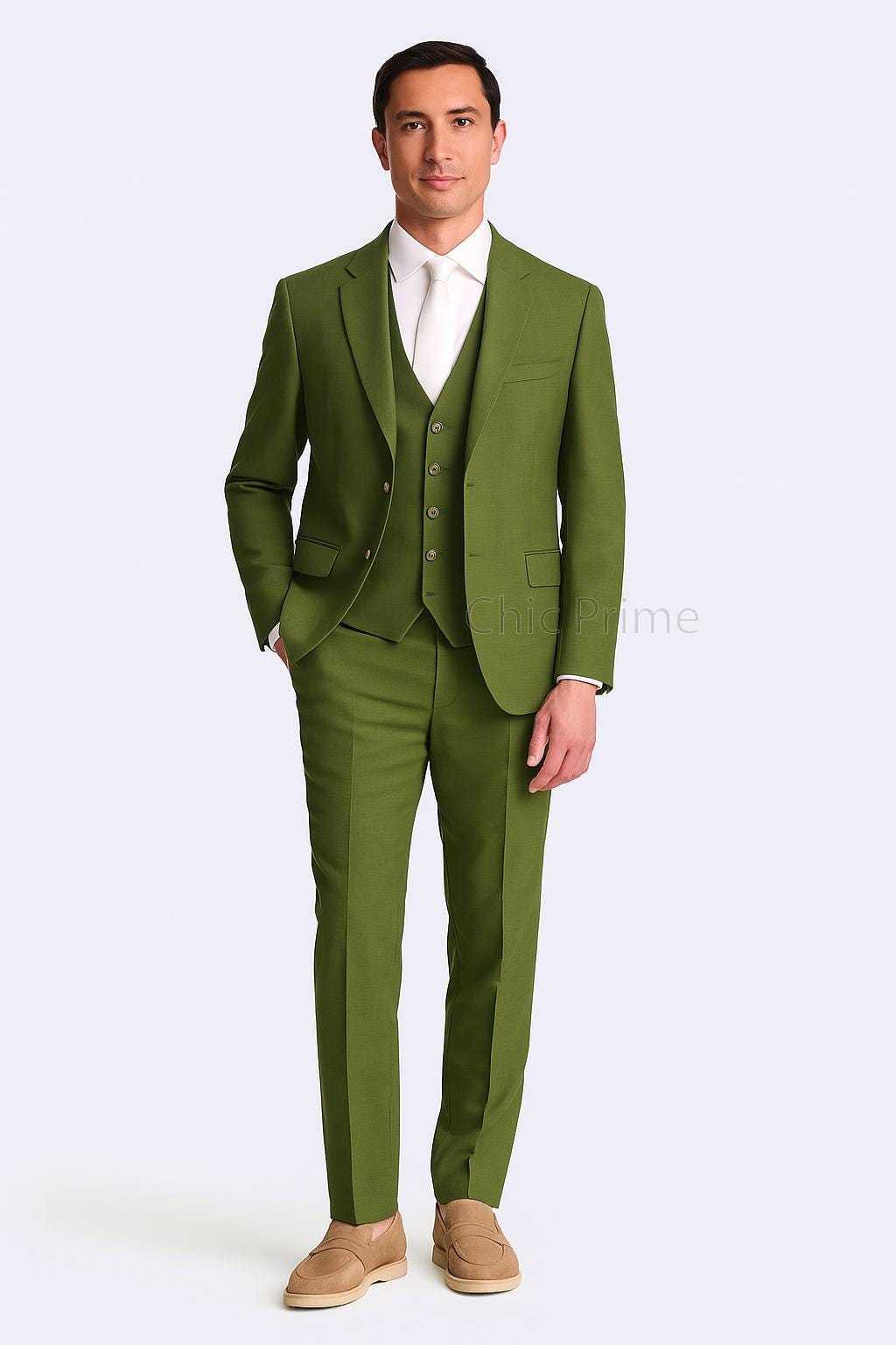 値下げしました！オリーブグリーン スリーピーススーツ(中国縫製) 値下げしました！スリーピース スーツ 値下げしました！オリーブ