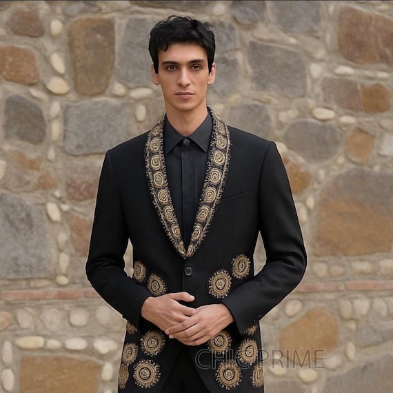 Men's Black Embroidered Gold Suit - Elegant Charro Mariachi Outfit, Western Cowboy Wedding Groom Attire