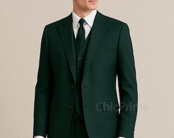 Traje de tres piezas verde botella, corte entallado, traje formal de boda