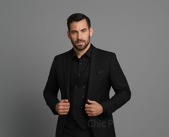 Handmade Black Three-Piece Suit - Classic Formal Occasion Attire