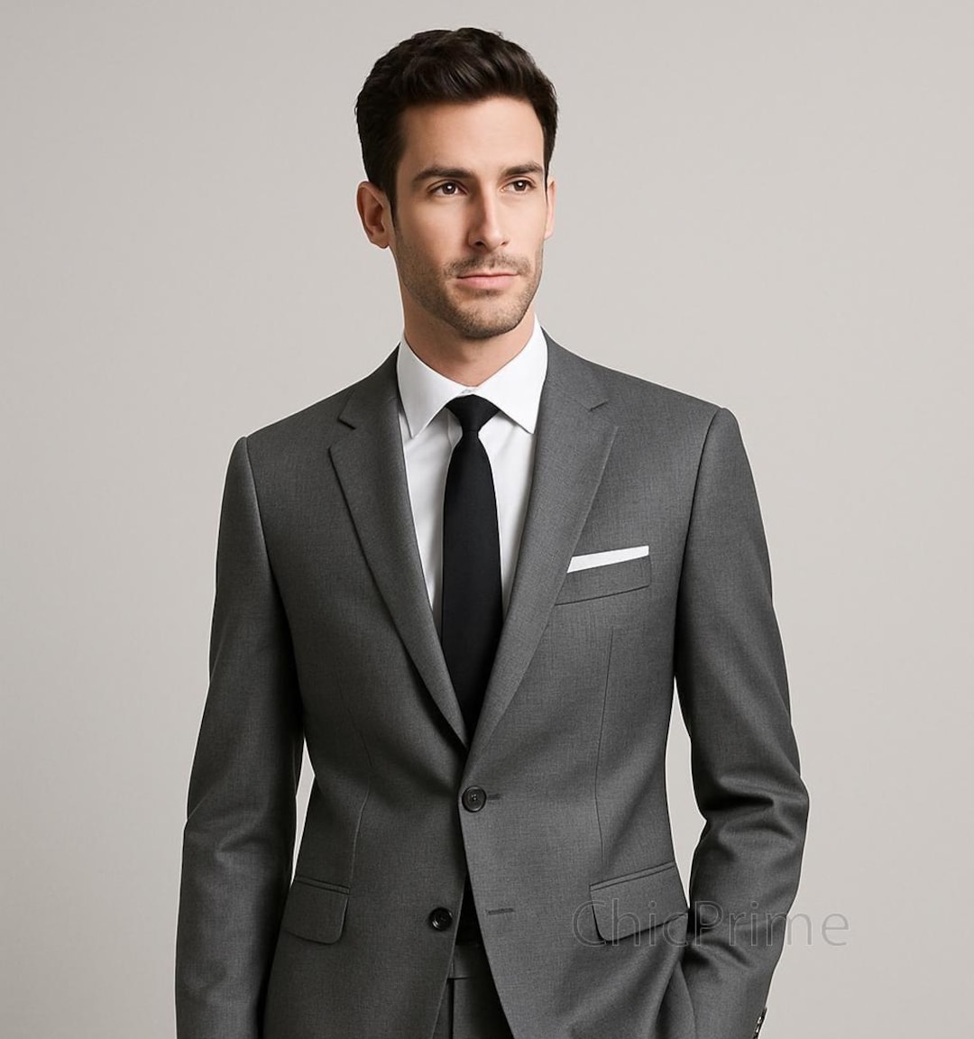 Slim Fit Grey Two Piece Suit, Custom Tailored Office Attire