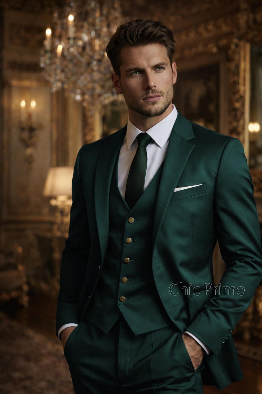green formal dress men Emerald Slim Fit Men's Three-Piece Suit dark green suit with black shirt