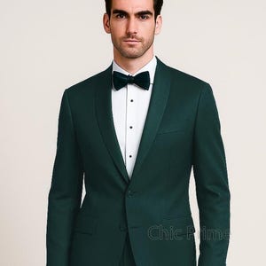 Tweedelig flessengroen herenkostuum met satijnen revers – formele bruiloftskostuum, slim-fit bruidegomkostuum, galadiner, maatkostuum heren.