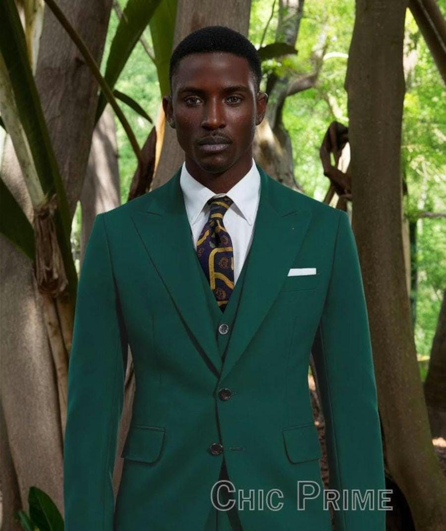 男性用エメラルドグリーンのスーツ、男性用スリーピーススーツ、新郎用