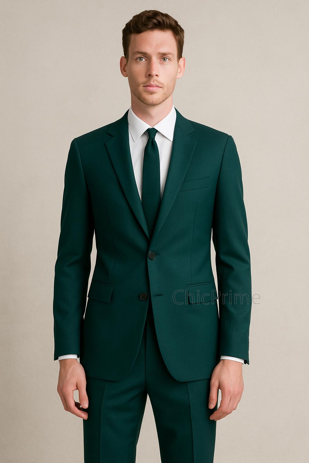 Bottle Green Suit, Slim Fit Two Piece, Custom Wedding Suit