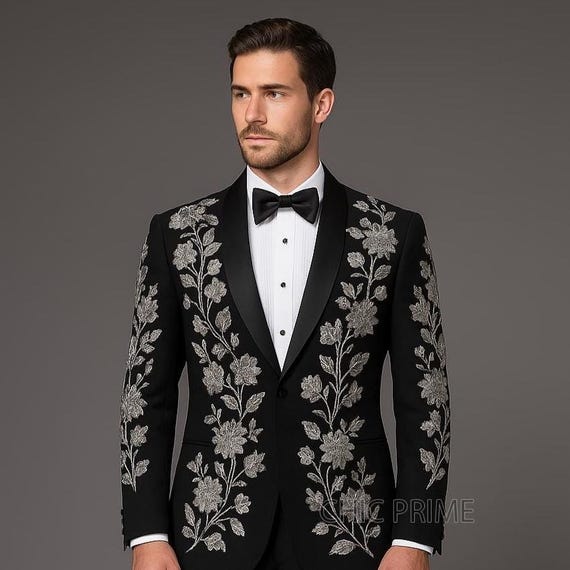 slim fit dress slacks Silver Metallic Tuxedo Suit with Black Satin Peak Lapel – Mens Slim Fi main image 1