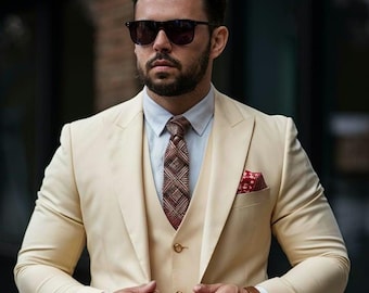 Ivory 3pc Suit, Slim Fit, Men's Wedding Groom Attire