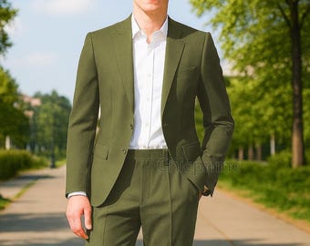 Vintage Olive Green Slim Fit Suit, Two Piece Wedding Groom Suit