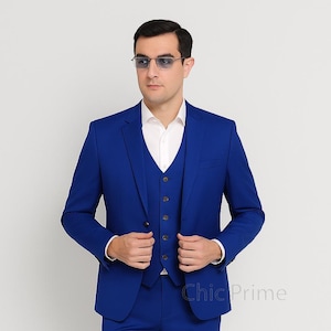 Men&#39;s Royal Blue Three Piece Suit – Tailored Formal Suit for Wedding, Business, Prom, Party, Office Wear, Slim Fit Men&#39;s Fashion Suit.