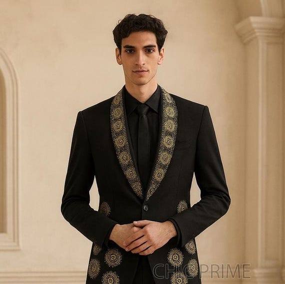 Men's Black Embroidered Charro Suit - Gold Detail Wedding Groom Outfit Men's Black Embroidered Charro Suit - Gold Detail Wedding Groom Outfit