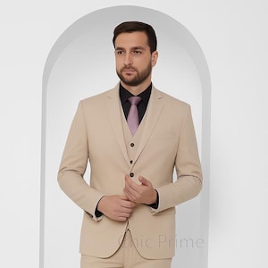Men&#39;s Beige Three Piece Suit - Stylish Formal Attire for Any Occasion, Formal Attire, Prom And Party Suit, Business Suit, Men Wedding Suit.