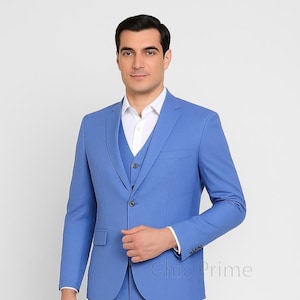 Men&#39;s Blue Three Piece Suit – Tailored Formal Suit for Wedding, Business, Prom, Party, Office Wear, Slim Fit Men&#39;s Fashion Suit.