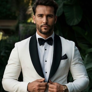 Men’s White Two-Piece Suit with Satin Lapel – Formal Wedding Tuxedo, Slim Fit Groom Suit, Prom Dinner Suit, Elegant Men&#39;s Outfit