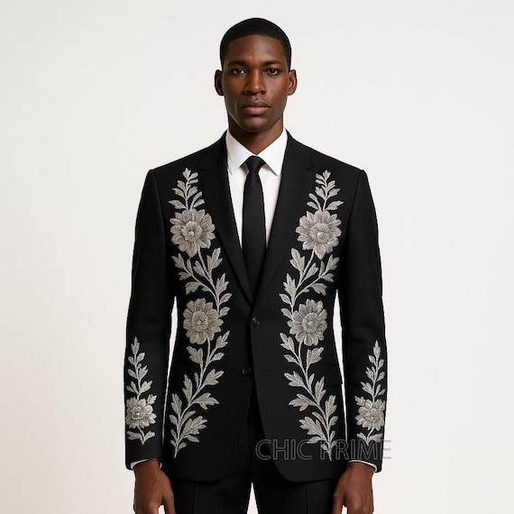 Black Men's Suit | Silver Floral Embroidered Groom Tuxedo - Etsy Black Men's Suit | Silver Floral Embroidered Groom Tuxedo - Etsy