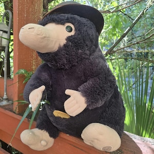May include: A plush toy resembling a platypus with dark gray fur, a light tan bill, light tan feet, and a dark brown hat. The creature has a small, round, dark eye and a gold-colored coin tucked into its front pouch area.