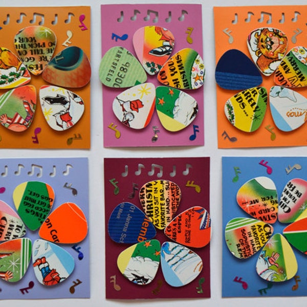 Crazy, Cool, Funky, 5 "Up-cycled" guitar picks.