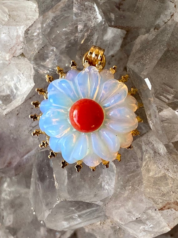 Elegant Carved Rainbow Opal Red Coral Flower Gold… - image 1