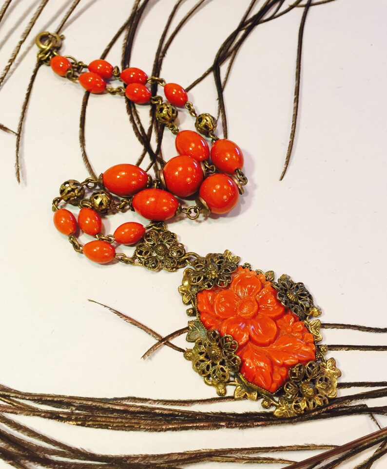 Beautiful Art Nouveau Art Deco Molded Orange Coral Art Czech Glass Necklace Art Nouveau Jewelry image 1