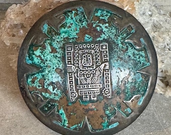 Aztec Myan Medallion Sterling Silver Copper Enamel Vintage Necklace Pendant Brooch