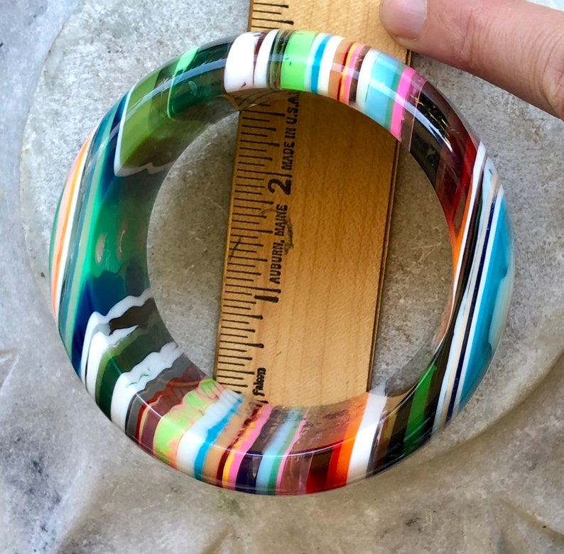 Bold Beautiful Designer Multi Color Heavy Resin Lucite Vintage Bangle Bracelet Singed Wearable Art