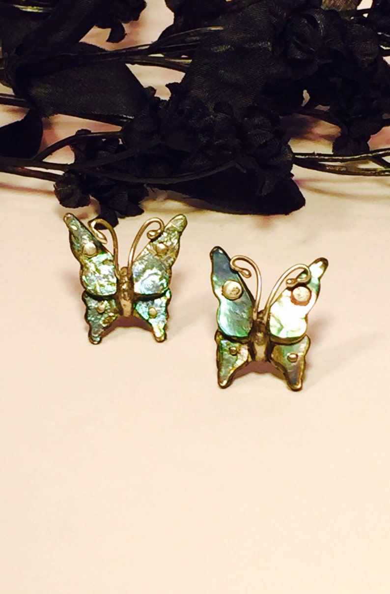 Beautiful Old Mexican Butterfly Sterling Silver Mother of Pearl Vintage Earrings image 3
