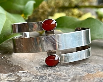 Modernist Geometric Sterling Silver Carnelian Vintage Cuff Bracelet