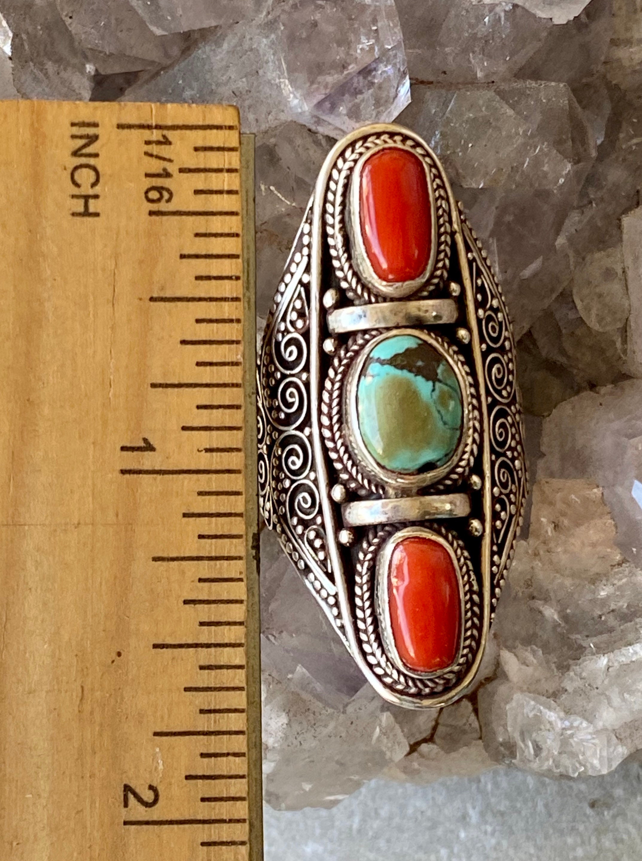 old Tibetan coral　※色味について必ず説明をご確認ください Sterling Silver Red Coral Tibetan Turquoise Long Vintage
