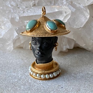 Stunning 18K Gold  Carved Black Coral Persian Turquoise Natural Pearl Queen Blackamoor Womans Bust Vintage Pendant Italy