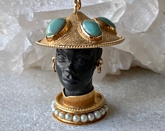 Stunning 18K Gold  Carved Black Coral Turquoise Natural Pearl Queen Blackamoor Womans Bust Vintage Pendant Italy