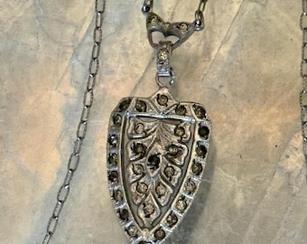 Antique Art Deco Sterling Silver Crystal Shield Pendant Necklace | Hallmarked Sterling | 1920s Vintage