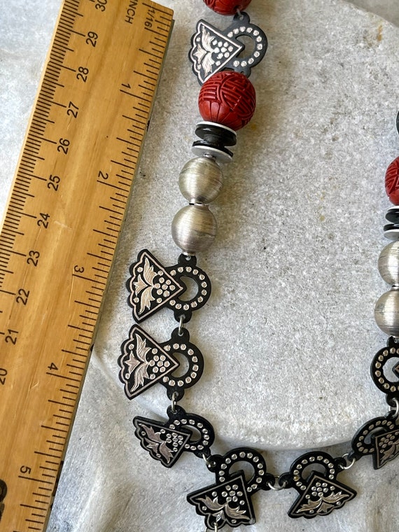 Unique Carved Red Cinnabar Sterling Silver Vintag… - image 6