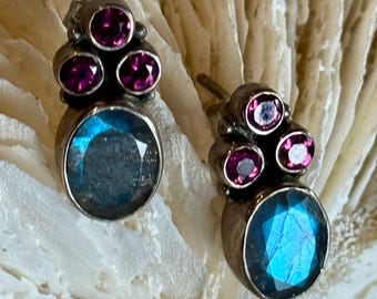 Beautiful Sterling Silver Pink Turmaline Labradorite Vintage Earrings 