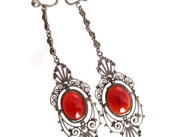 Orecchini antichi vintage con corniola aperta sul retro in filigrana Peruzzi in argento italiano rinascimentale