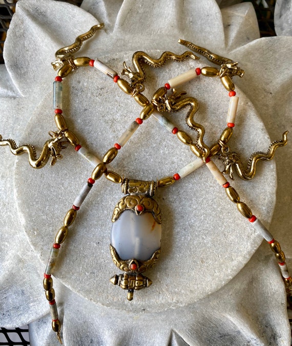 Beautiful Old Tibetan Agate Coral Brass Pendant B… - image 7