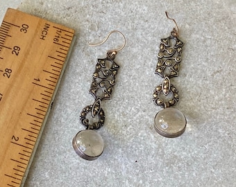 Art Deco Sterling Silver Marcasite Rock Crystal Pools of Light 14kt Gold Antique Earrings