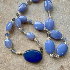 Beautiful Art Deco Blue chalcedony stone faceted rock crystal sterling silver vintage necklace