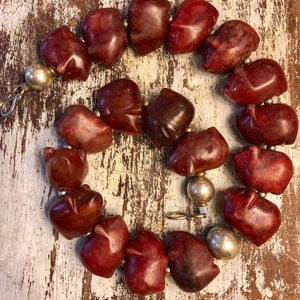 Here Little Piggy Piggy Carved RED Jade Stone Sterling Silver Bead Vintage Necklace