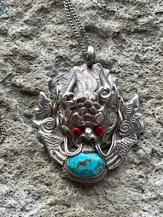 Sterling Silver Blue Turquoise Asian Dragon Vinta… - image 4