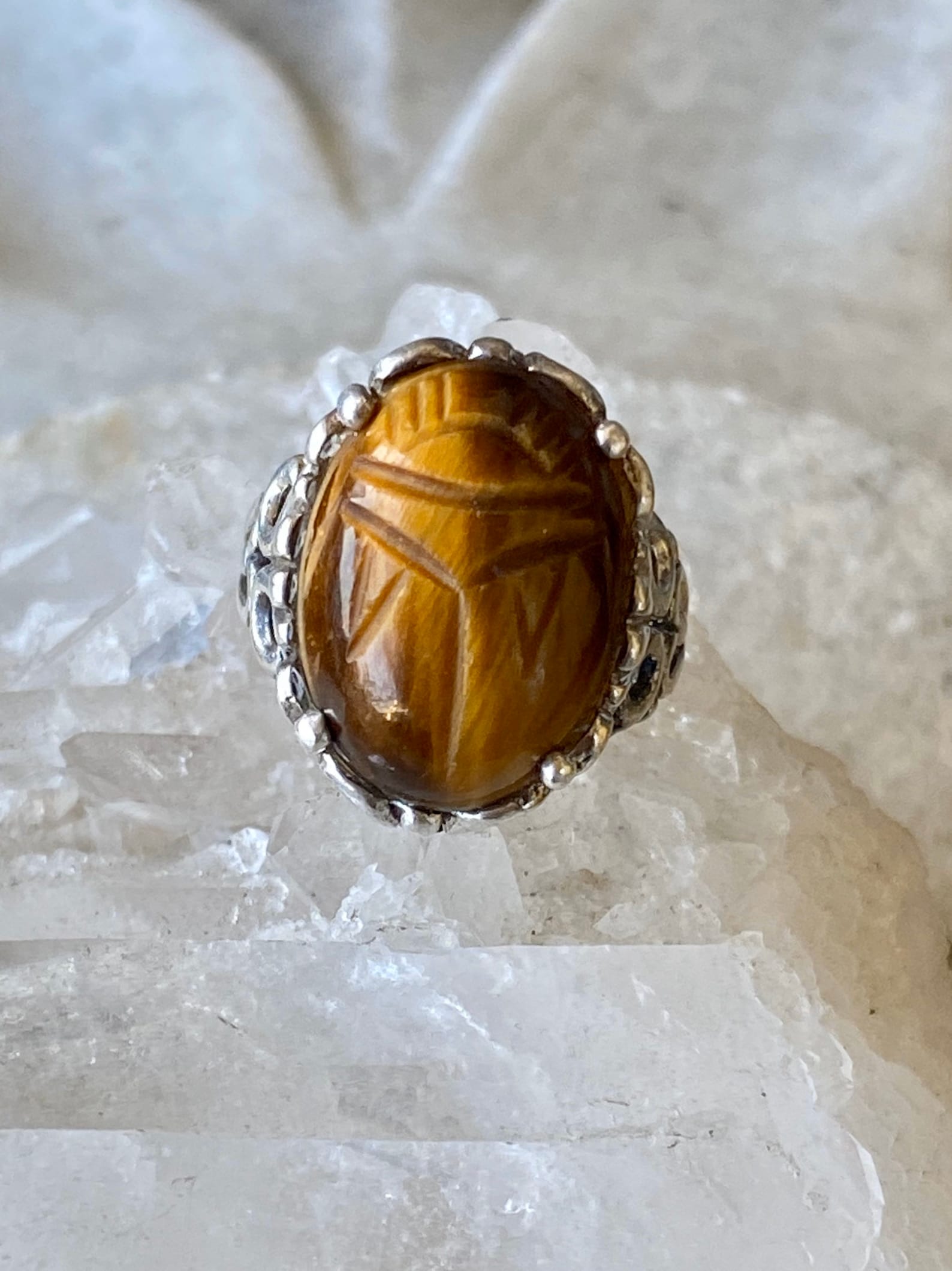 Art Deco Egyptian Revival Carved Tigers Eye Scarab Sterling Silver ...
