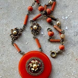 Art Deco 1930s Orange Celluloid fo Pearl Floral Brass Vintage Antique Necklace