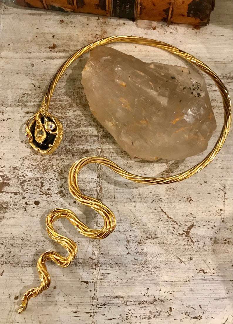 Goldtone Cleopatra Snake Sculptural Wrap Around Collar Vintage Necklace Wearable Art image 5