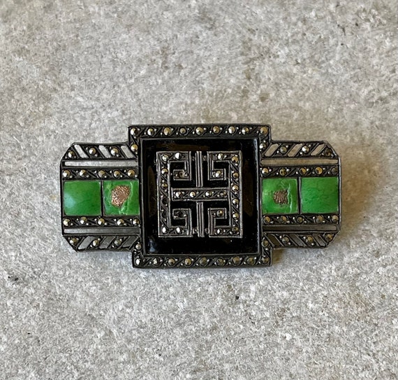 Authentic Art Deco Sterling Silver Green and Blac… - image 5